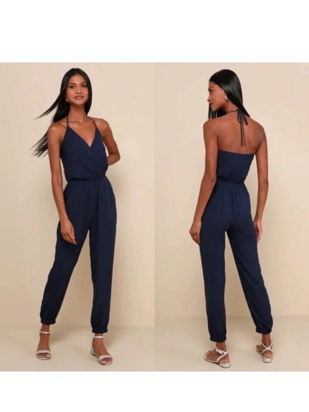Lulus | Learning to Fly Navy Blue Halter Jumpsuit | Size Medium